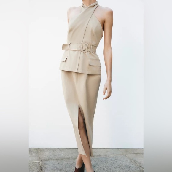 NET ZARA CROSSOVER BELTED MIDI DRESS - Picture 1 of 14